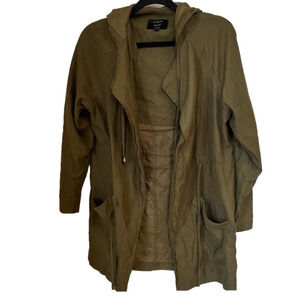 Hiking Rain Jacket Moss Green Attached Hood Coat Size Small Cinch Waist